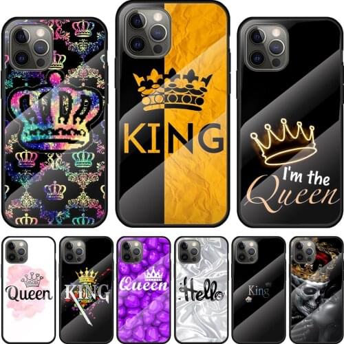 King And Queen Couple Tempered Glass Cover For Apple IPhone 12 Mini 11 Pro XS MAX XR X 8 7 6S 6 Plus Phone Case Coque
