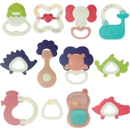 11pcs Baby Rattle Teether With Bell Food Grade Teeth Gum Soft Rubber Water Boiling Can Bite Chew Newborn Infant Toys