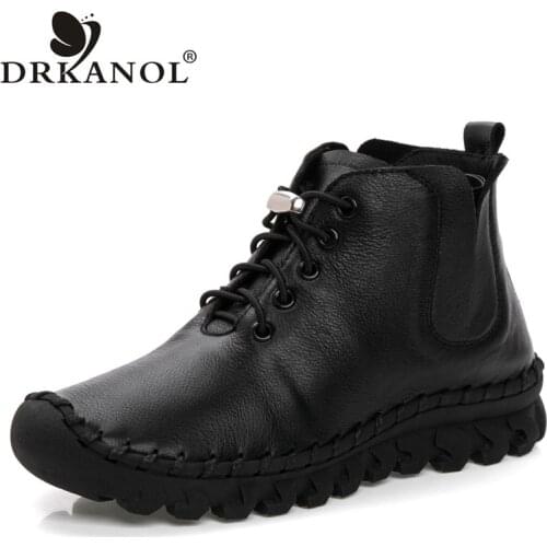 DRKANOL Fashion Handmade Sewing Ankle Boots Women Genuine Leather Autumn Winter Warm Shoes Soft Rubber Sole Casual Short Boots