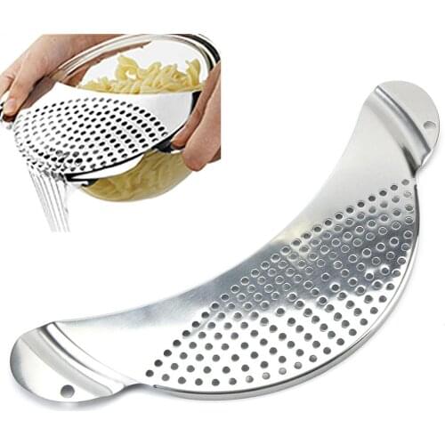 Pot Pan Strainer Board Crescent Shape Stainless Steel Draining Hole Wash Fruit Vegetable Filter Pasta Spaghetti Draining Tool