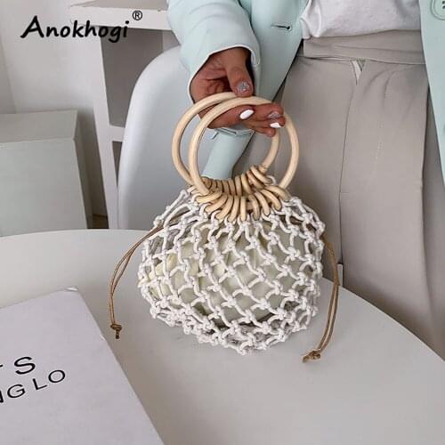 Ring Wood Handle Mini Handbag Women Woven Bags Cross Weave Vintage Bags ML155