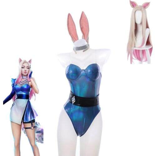 Game LOL Ahri Cosplay Costumes KDA Bunny Girl Sexy Jumpsuits Dress Girls Women Wig Synthetic Hair Halloween Role Play Costume