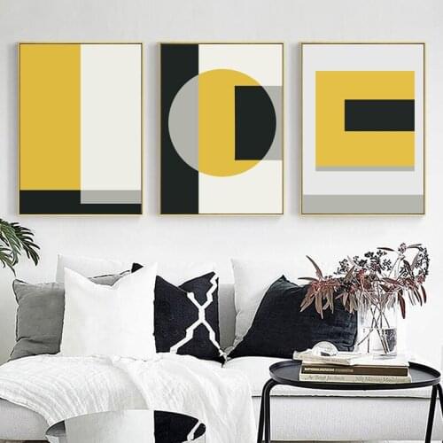 Creative Simple Art Abstract Graphic Printing Living Room Mural Prints Poster Yellow Base Geometric grid Decorative Painting