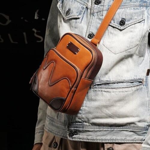 Fashion handmade design chest bag head layer soft cowhide casual mens messenger bag natural real cowhide vertical mens bag