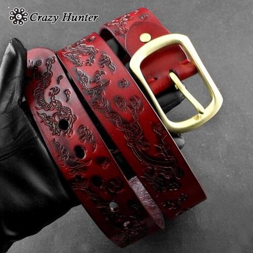 Mens Unisex Biker WESTERN Dragon EMBOSSED Red REAL COWHIDE LEATHER Belt