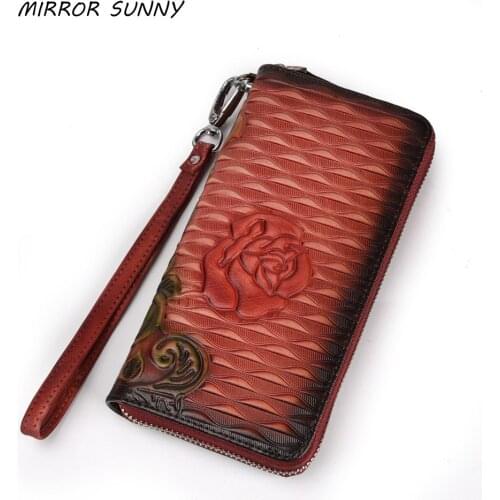 New Women Long Wallet Genuine Leather Flower Handy Zipper Purse Retro Female Clutch Wristband Wallet Multi Card Holder Carteira