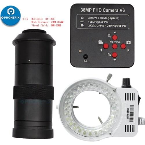Industrial Digital 38MP 1080P HDMI VGA Video Microscope Camera + 130X/200X/250X Adjustable Zoom C Mount Len + 56 LED Ring Light