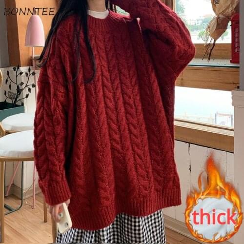 Pullovers Women O-neck Simple Ins Loose Knitted Trendy Korean Style Retro Popular Warm Thicker Female All-match Solid Autumn Red