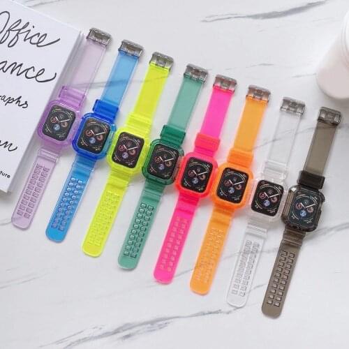 Silicone Transparent Strap Wrist Band Watchband Frame Case For Apple Watch Series 2/3/4/5/6/SE 38mm 42mm 40mm 44mm Bumper Cover