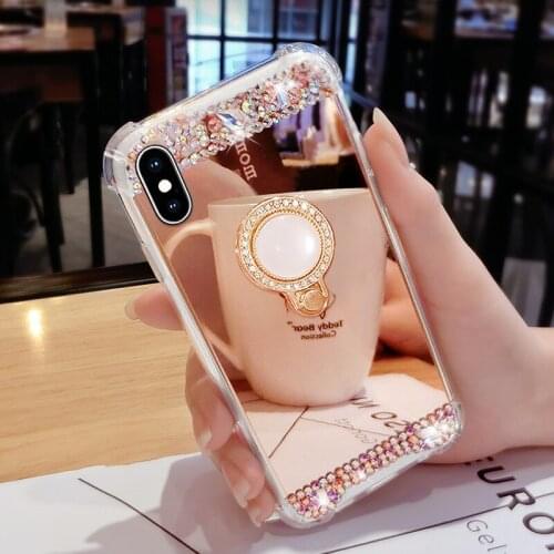 Luxury Fashion Gemstone Ring Grip Holder Bling Diamond Mirror Anti Shock Case Cover For iPhone 11 Pro XS Max XR X 8 7 6 6S Plus