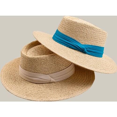 Fashion Summer Hat Women Handmade Sunha Flat Top Straw Hat Girl Ribbon Beach Hat Bone Concave Holiday Panama Cap Sun Protection