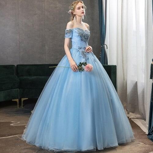 Light Blue Quinceanera Dresses 2021 Off The Shoulder Ball Gown Prom Puffy Dresses For Prom Sweet 16 Dresses Robe De Bal Sweet 15