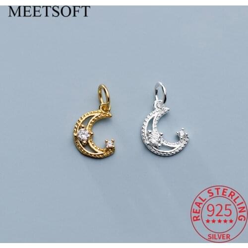 MEETSOFT Roamntic 925 Sterling Silver Moon and Stars Zircon Charms of DIY Handmade Jewelry Necklace Deocration Accessory