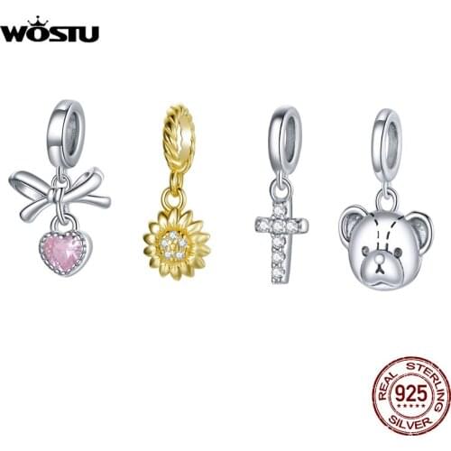 WOSTU 925 Sterling Silver Charm Cross Sunflower Bead Bow Bear Pendant Fit Original Bracelet DIY Jewelry Gift CQX120-L
