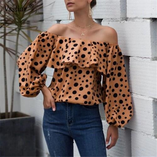2020 Slash Neck Print Blouse Women Sexy Ruffles Long Lantern Sleeve Shirt Fashion Polka Dot Casual Blouses Autumn Winter