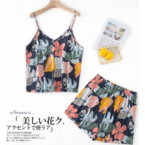 Women Summer Pyjama Sling Adjustable Rayon Loungewear Sleeveless Print Pajamas Spaghetti Strap Shorts 2 Piece Cool Home Clothes