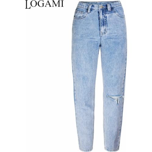 LOGAMI High Waist Boyfriend Jeans for Women Knee Ripped Straigh Denim Pants Female Plus Size Jeans Light Blue