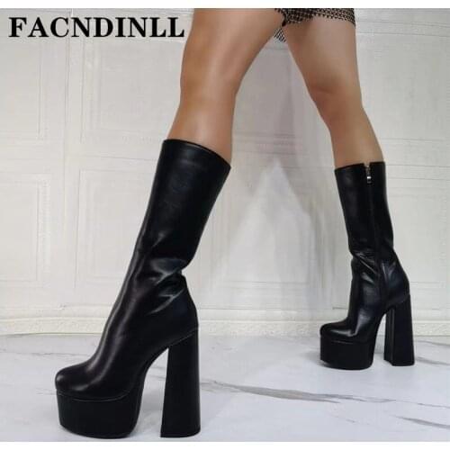 New Sexy Chunky Women Knee High Boots Shoes Fashion Thick High Heels Platform Black Zipper Dress Party Dance boots Plus Size 43