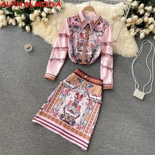 ALPHALMODA 2021 Autumn New Women Printed Skirt 2pcs Suit Ladies' Long-sleeved Floral Shirts + High Waist Skirt Fashion Suit