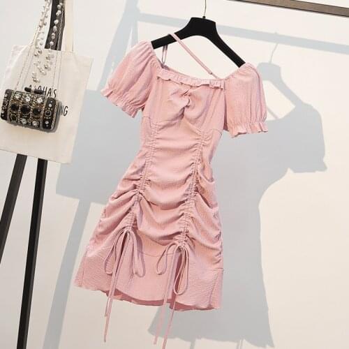 4XL Plus size women french vintage draped bodycon dresses Summer slash neck puff sleeve high waist drawstring female dresses