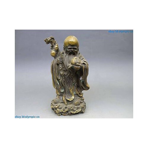 7" China brass copper carved Peach Buddhism Longevity buddha Sculpture Statue