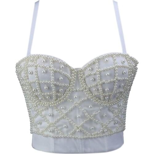 Women Sleeveless Crop Top Sexy Imitation Pearl Beaded Bustier Adjustable Spaghetti Straps Push Up Corset Club Bralette