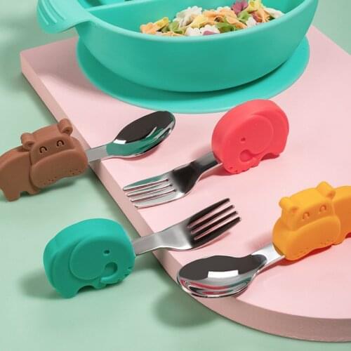 Baby Spoon Fork Food Feeding Utensil Children Stainless Steel Silicone Animal Toddler Dinnerware Safe Food Feeding Spoon Fork