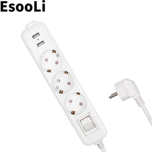Esooli Power Strip Dual USB Charge Port 3 AC EU Outlet Socket Extension Plug Power Button Surge Protector 2M Pure Copper Wire