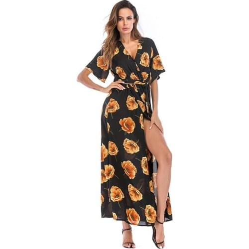 Summer Long Dress Floral Print Boho Beach Dress Bohemian Casual V Neck Tunic Maxi Long Dress Women Short Sleeve Dresses Vestidos