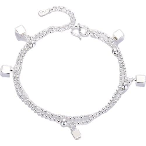 Fashion 925 Sterling Silver Bracelet Link Womens Couple Cube Double Layer Elegant Charms Chain Bangle Wedding Jewelry Gifts