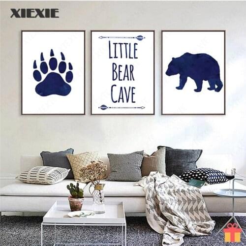 Little Bear Paw Watercolor Nursery Wall Art Canvas Painting Blue Bear Posters and Prints Cartoon Pictures Baby Kids Room Decor