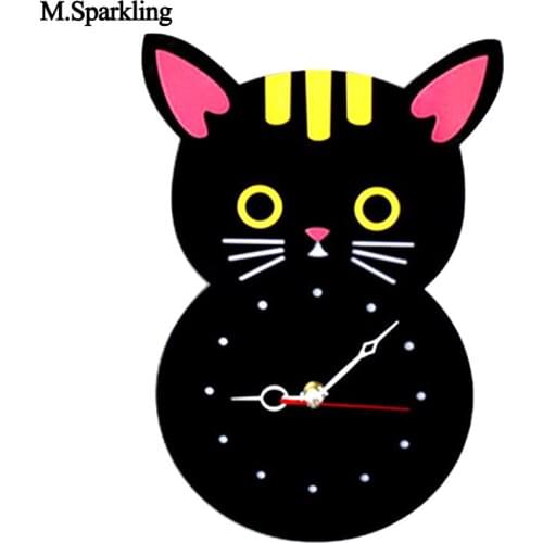 M.Sparkling child room decor wall clock creative black cat design wall clocks acrylic cartoon cute clock for kids and children