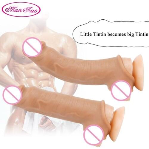 New Realistic Penis Enlargement Sleeve Reusable Liquid Silicone Condoms for Male Enlarger Delay Condom Adult Sex Toy for Men 18