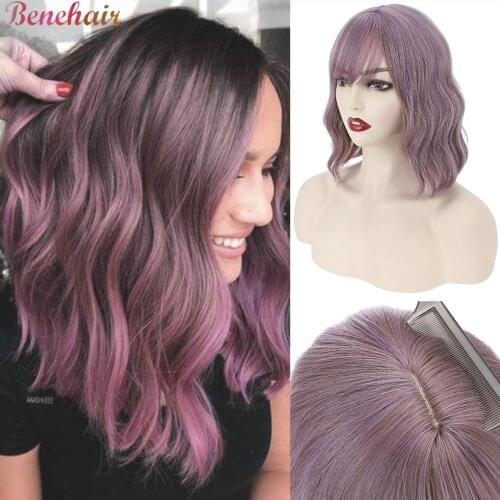 Benehair 12/14'' Wavy Bob Wig Synthetic Black Purple Pink Blonde Bob Wig With Bangs Straight Short Bob Wig Shoulder Length Daily