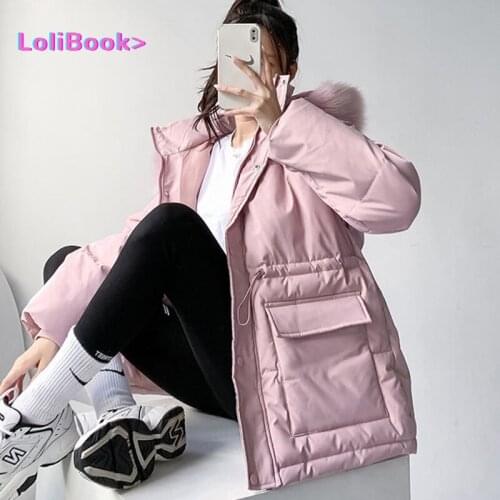 Lolibook Women Parkas Elegant Fur Collar Winter Thick Warm Solid Down Coat Female Cotton-padded Jacket Korean Fashion Outerwears