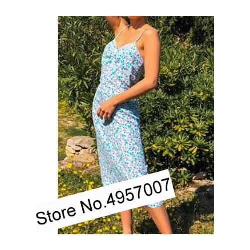 Elfbop Ladies High Quality Viscose Spaghetti Strap Floral Printed Midi Dress
