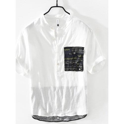 Pullover Short Sleeve Shirt for Men Summer New Japanese Fashion Pure Linen Tops Male Thin Slim Fit Button Up Retro Clothes