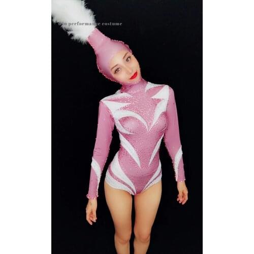 Sexsi pink zentai bodysuit high hat feather hooded dj ds dancer catsuit party bar circus show gogo stage costume