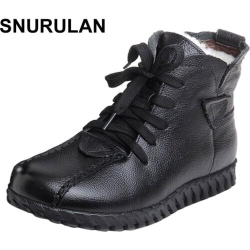 SNURULAN Genuine Leather Wool Warm Snow Boots Woman 2017 Winter Female Ankle Boots High Top Plush Really Fur Shoes Botas