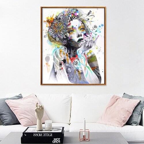Watercolor Effect Creative Abstract Figure Portrait Flower Girl Beauty Home Decoration Canvas Frameless Painting Wall Art