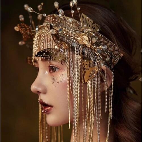 Vintage en Butterfly Crown Bridal Hair Vine Crowns Luxury Tassel Headband Tiara Wedding Accessories Party Prom Hair Jewelry