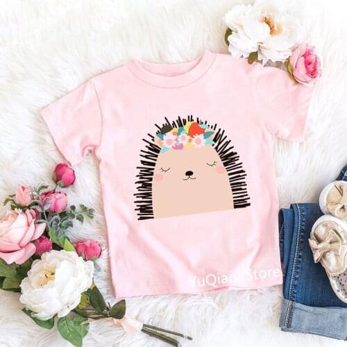 High Quality Pink T Shirt Cute Animal Hedgehog Print Funny Kids Clothes Summer Baby Girl T-Shirt Cartoon Print Tshirt 3-13 Years