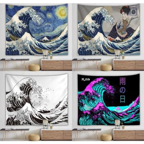 Japan Kanagawa Waves Printed Hanging Tapestry Whale Arowana Wall Hanging Tapestries Boho Bedspread Yoga Mat Blanket 200*148cm