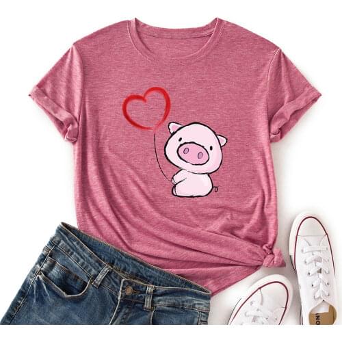 Woman Short Sleeve Colored Graphic Tees Summer T-Shirt Female Tops Shirts for Women Cute Animal Piggy Love Heart Pig Top