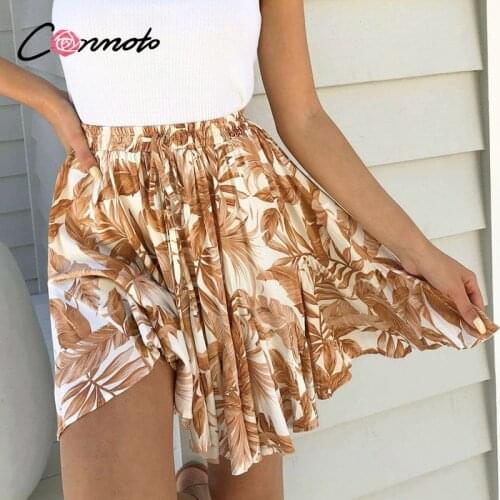 Conmoto casual boho summer 2020 beach skirt women high waist elastic ruffles skirt femme leaf orange holiday mini skirt