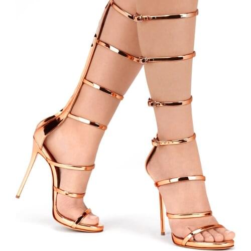 2021 Summer High Heels Sandals Roman Buckle Gold Patent Leather Knee High Gladiator Sandals Boots Customized Womens Shoes Mujer