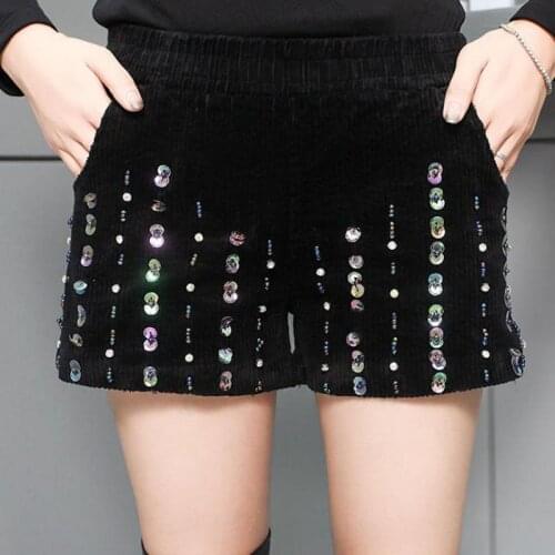 2018 Fall Winter Fashion Women Colored Glitter Beading Elastic Waist Black Corduroy Shorts , Autumn Casual Woman Slim Shorts