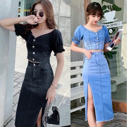 2021 summer fashion casual Women Puff sleeve denim tops+ split bag hip skirt 2 piece suit