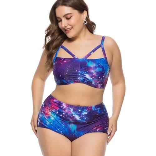 5 XL Womens Plus Size Bikini Set Starry sky High Waist Lace Up Swimsuit Galaxy 3D Print Bikini Beach Bathing Suit Swimwear