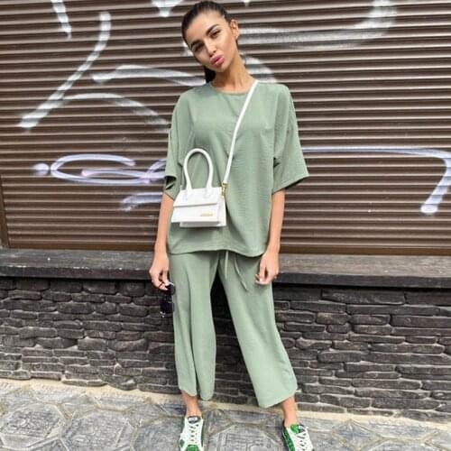 Women Two Piece Set Summer Casual Loose Beach Style Outfits Solid Chic Sportswear Female High Waist Pants Tracksuit